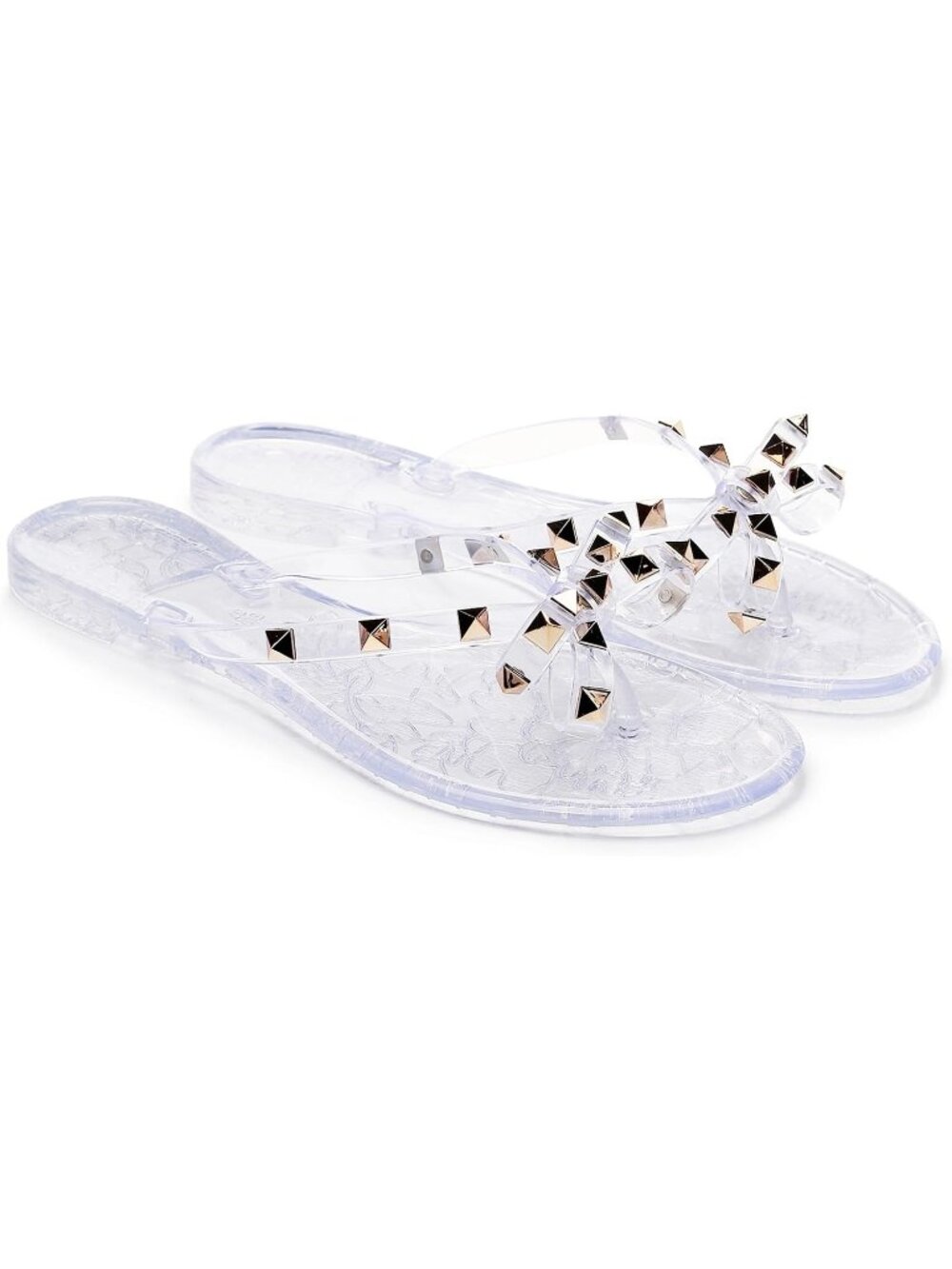Women's Clear Thong Open Toe Jelly Bow Stud Slip On Studded Flat Sandal Shoes